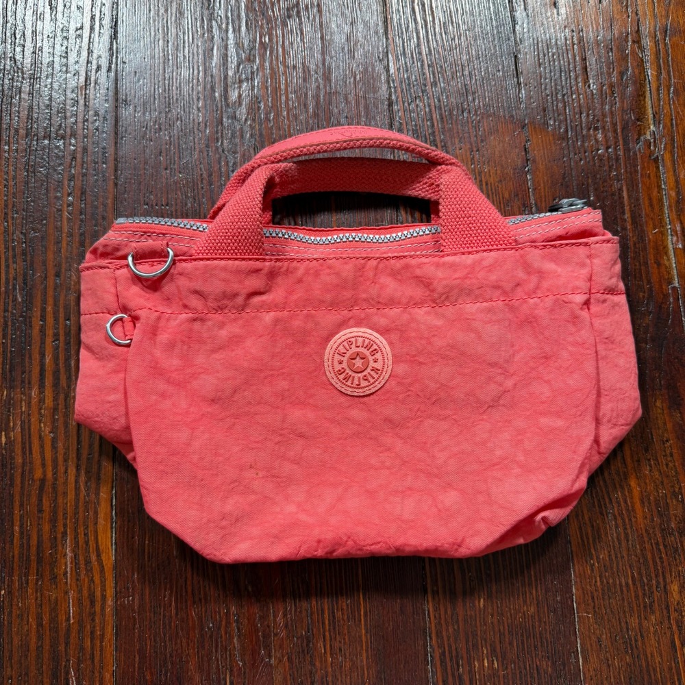 Kipling Mini Tote Bag Womens Small Coral Pink Crinkled Nylon Handbag